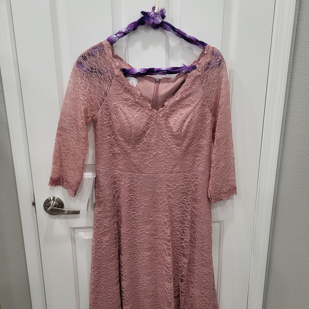 Azazie Dusty Rose Lace 3/4 Sleeve lace dress MOB NWT size 6